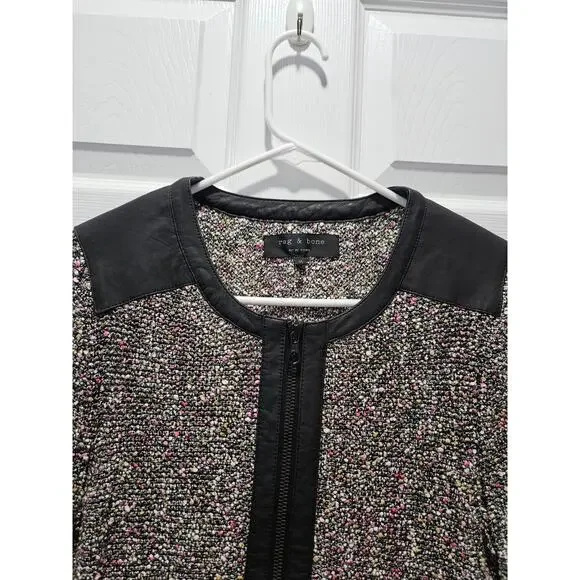 Rag & Bone Lory Tweed Boucle and Lamb Leather Trimmed Jacket Size M - Picture 3 of 10